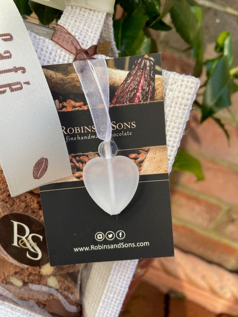 Coffee and chocolate gift bag. Robins and Sons gIft tag with white heart bag charm