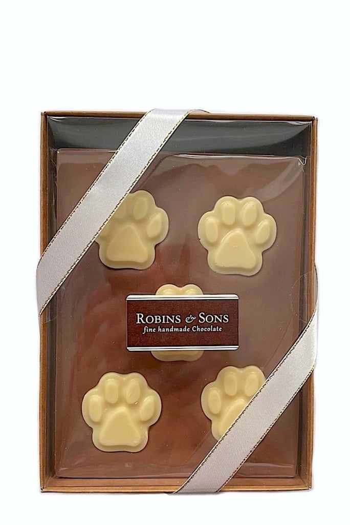 Dog themed gift boxed Milk Chocolate bar with white chocolate paw prints 
