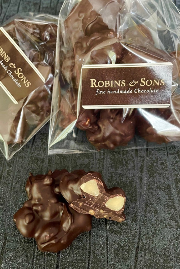 whole and chopped hazelnuts in Belgian 70% dark chocolate