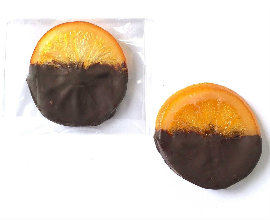 individually wrapped Candied orange slices covered in 70% dark chocolate