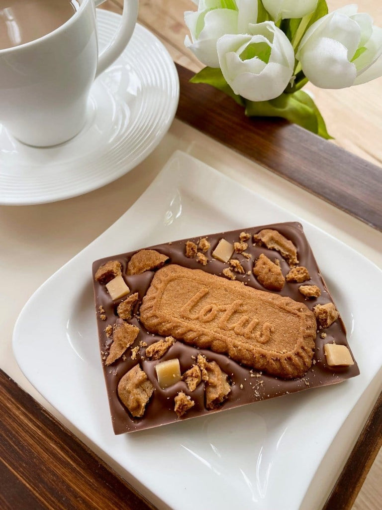 small Belgian milk chocolate bar with lotus biscoff biscuit and fudge