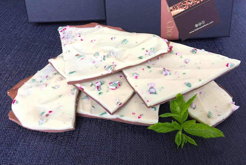 luxury mint chocolate bar peppermint bark milk and white with peppermint candy cane UK