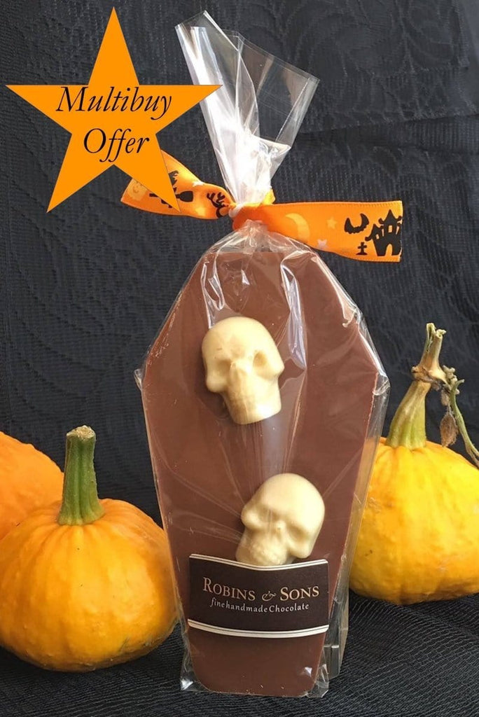 Kids Novelty Halloween milk chocolate coffin bar with white chocolate skulls