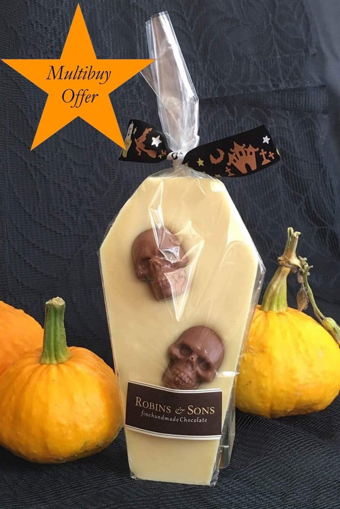 Special offer Kids Novelty Halloween white chocolate coffin with white chocolate skulls