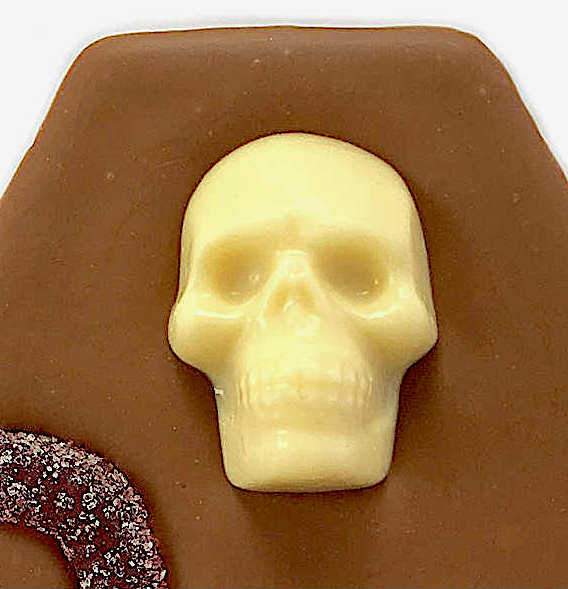 Novelty Halloween Milk Chocolate Skull coffin bar close up