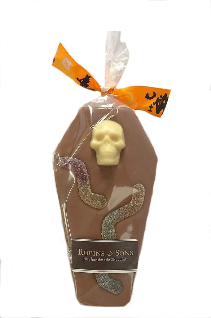 Belgian milk chocolate Halloween coffin with skull and jelly worms buy online uk