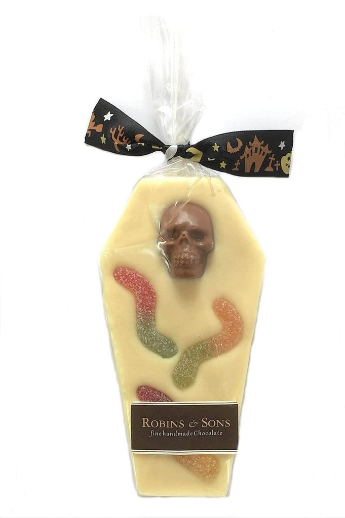 Kids Halloween white chocolate coffin bar with chocolate skulls and fizzy sweets