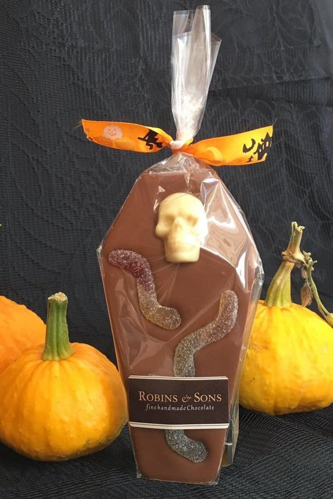 Belgian milk chocolate Halloween coffin with skull and jelly worms