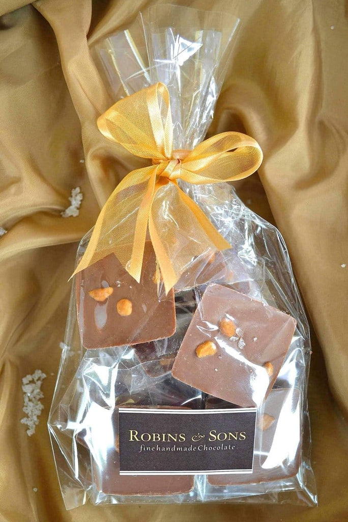 Belgian milk chocolate squares with salted caramel chips and sea salt