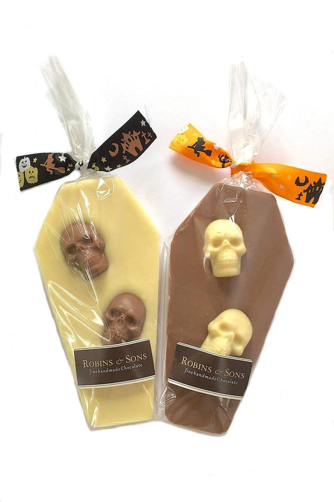 Kids Novelty Halloween white chocolate coffin with skulls