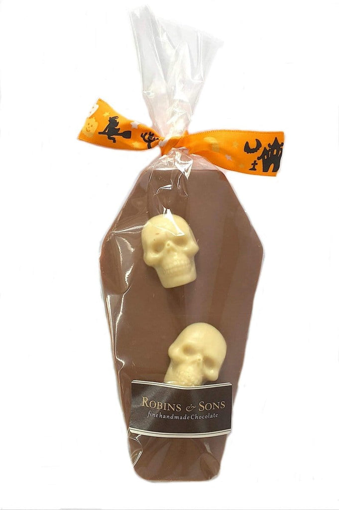 Kids Novelty Halloween milk chocolate coffin bar with white chocolate skulls