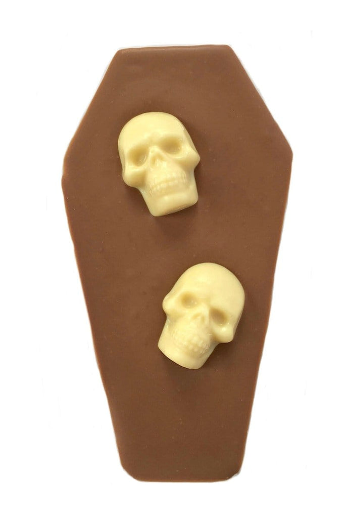 Milk and white chocolate novelty halloween skull coffin bar